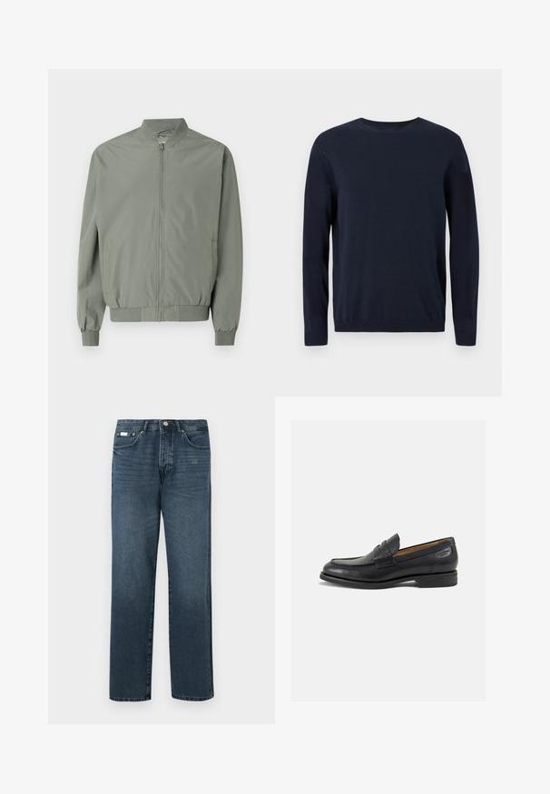 Világoszöld bombázó dzseki sima, könnyű anyagból. Elöl cipzárral, bordás gallérral, mandzsettával és szegéllyel, oldal zsebekkel rendelkezik.; Sötétkék kötött pulóver hosszú ujjal, kerek nyakkal, bordázott mandzsettával és szegéllyel. Kicsi logó található a mellkason.; Sötétkék denim farmernadrág egyenes szabással, öt zsebbel, övhurkokkal és cipzáras nyitással. Simaság és finom fakulási részletek jellemzik.; Fekete bőr loaferek sima felülettel, lekerekített orral és díszítő varrással a lábfejen. Alacsony, réteges sarkú és enyhe fényű.