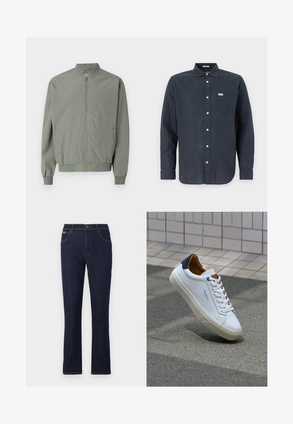 Világoszöld bombázó dzseki sima, könnyű anyagból. Elöl cipzárral, bordás gallérral, mandzsettával és szegéllyel, oldal zsebekkel rendelkezik.; Sötétkék, hosszú ujjú ing, amely lenből készült, gombolható gallérral, elülső zsebbel és fehér gombokkal rendelkezik. A zsebben Wrangler logó található.; Sötétkék farmernadrág egyenes lábvágással, narancssárga varrással, öt zsebbel és gombos derékkal.; Fehér bőr sneaker sötétkék sarkúval, kerek orral és kontrasztos barna részletekkel. Lapított fűzőkkel és textúrált gumitalppal rendelkezik.