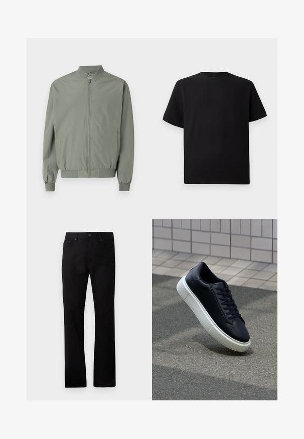 Světlá zelená bomber bunda vyrobená z hladké, lehké látky. Obsahuje přední zip, žebrovaný límec, manžety a lem, s bočními kapsami.; Černé tričko s krátkým rukávem vyrobené z texturované látky, s kulatým výstřihem a volným střihem. Jednoduché, bez vzorů nebo akcentů.; Černé rovné džíny vyrobené z denimu, s předním zapínáním na knoflík, dvěma bočními kapsami a hladkou texturou.; Černé kožené tenisky s kulatou špičkou a bílou gumovou podrážkou. mají ploché tkaničky a minimální šití na svršku. Texturovaná podrážka pro lepší přilnavost.