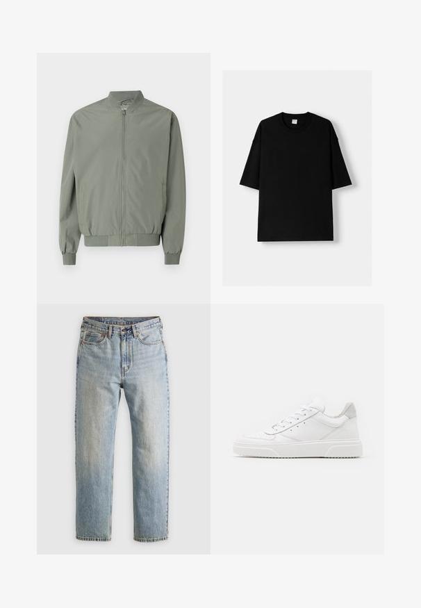 Light green bomber jacket made of smooth, lightweight fabric. Features a front zipper, ribbed collar, cuffs, and hem, with side pockets.; Black cotton t-shirt with short sleeves, round neck, and a relaxed fit. Smooth texture and minimalistic design, no patterns or accents.; Light blue denim jeans with high waist, front button, zipper, and five-pocket design, laid flat on a neutral background.; White leather sneakers with a smooth finish, rounded toe, flat laces, and a textured sole. Grey suede accent at the heel.