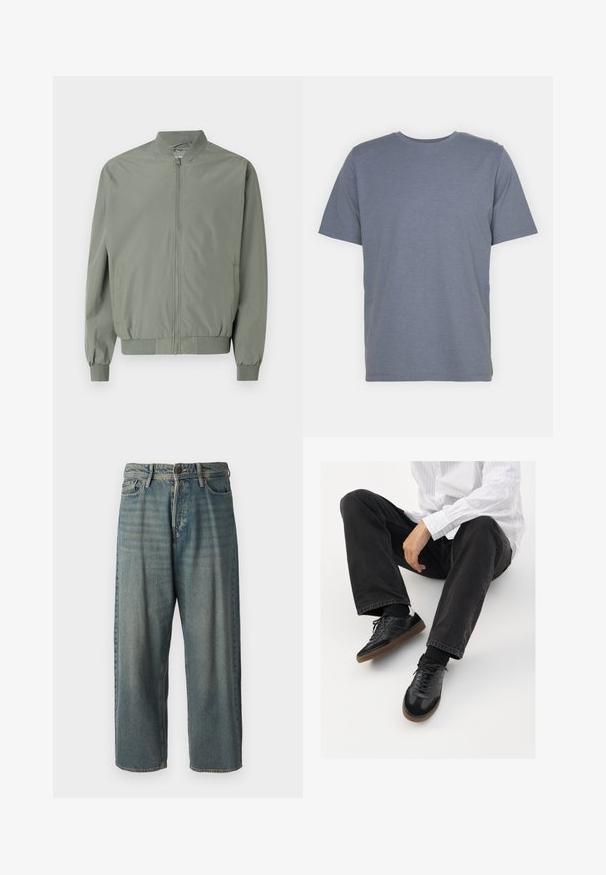 Világoszöld bombázó dzseki sima, könnyű anyagból. Elöl cipzárral, bordás gallérral, mandzsettával és szegéllyel, oldal zsebekkel rendelkezik.; Szürke, rövid ujjú póló, kerek nyakkal, puha pamut keverékből készült. Egyszerű dizájn, minta vagy díszítés nélkül.; Világoskék farmernadrág, laza fazonnal, közepes derékbőséggel és egyenes szárral. Öt zsebet, övbucskát és gombos záródást tartalmaz.; Fekete tornacipők sima és texturált felsőrészel, gumitalppal és sötét cipőfűzőkkel. Fekete farmernadrággal és fehér csíkos inggel párosítva.