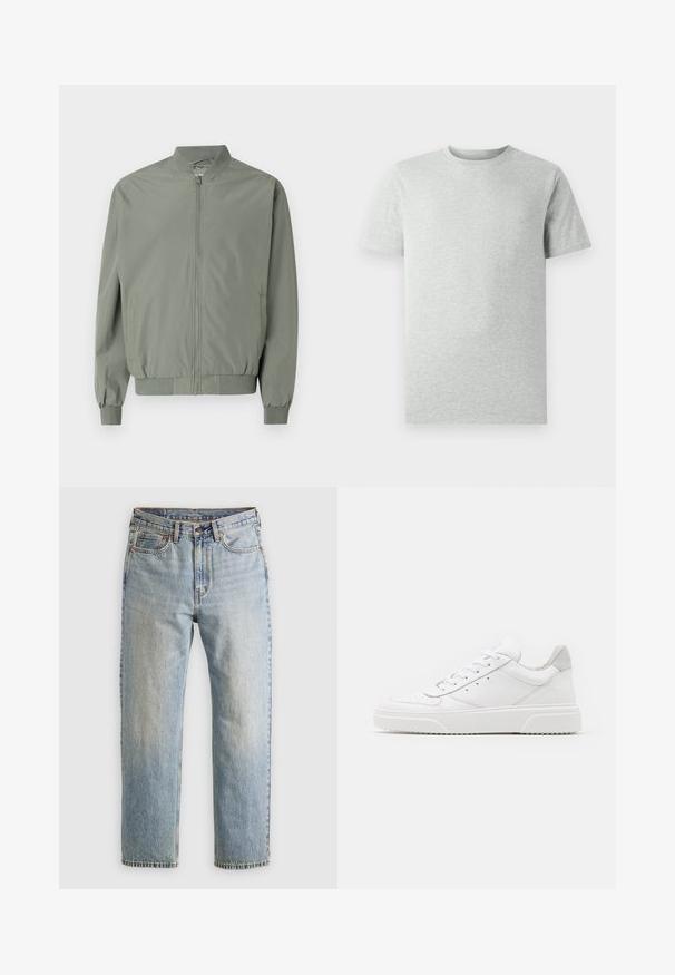 Világoszöld bombázó dzseki sima, könnyű anyagból. Elöl cipzárral, bordás gallérral, mandzsettával és szegéllyel, oldal zsebekkel rendelkezik.; Egyszerű világosszürke, rövidujjú, kerek nyakú póló, fehér háttéren, elölnézetből, látható logók vagy minták nélkül.; Világoskék farmernadrág magas derékkal, elülső gombbal, cipzárral és öt zsebbel, sima háttérre fektetve.; Fehér bőr sportcipő sima felülettel, kerek orral, lapos fűzőkkel és textúrált talppal. Szürke velúr díszítés a saroknál.