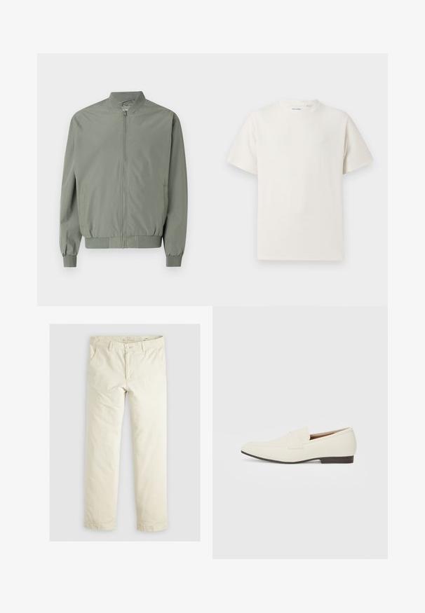 Gaišzaļš bomberjakas no gluda, viegla auduma. Aprīkota ar priekšējo rāvējslēdzēju, ribotām apkaklītēm, aprocēm un apakšmalu, kā arī sānu kabatām.; Balta krūštura īsām piedurknēm ar ribota auduma faktūru. Apaļš kakla izgriezums, brīvs griezums, bez redzamām rakstām vai akcentiem. Vienkāršs un daudzpusīgs dizains.; Gaiši beigu brīvi pieguļoši bikses ar trim kabatām, jostu cilpām un taisnu kāju dizainu. Izgatavotas no mīksta kokvilnas auduma maisījuma.; Gai bēša kurpes ar smailu pirkstu, gludu materiālu, siksnu pāri pēdas daļai un zemu brūnu zoli. Vienkāršs dizains ar minimāliem akcentiem.