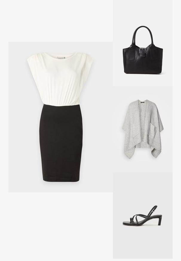 Svetlo siva odprta kardigan iz mehkega materiala. Ima široke rokave in dva sprednja žepa. Gladka tekstura in sproščen kroj.; Obleka z belim kratkim rokavom in oprijetim črnim krilom. Gladek material z nabranim pasom, silhueta do kolen.; Črne natikače s trakovi in kvadratnim prstom ter nizkim blokastim peto. Imajo več tankih trakov in nastavljiv trak okoli gležnja. Narejene so iz gladkega usnja.; Črna usnjena torba s gladko teksturo, strukturirano obliko, dvema ročkama in izrazitim srebrnim sponko na sprednji strani.