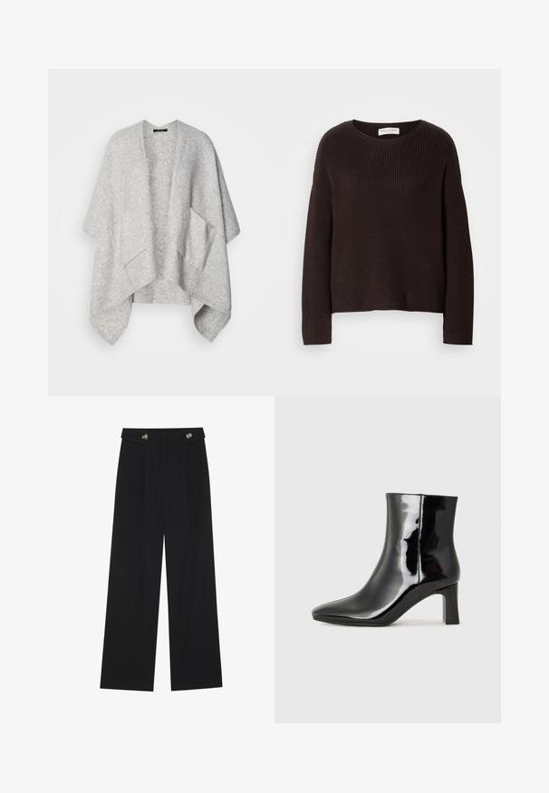 Világosszürke, nyitott mandzsettás kardigán, puha anyagból készült. Széles ujjak és két elülső zseb található rajta. Simaszövet és laza fazon jellemzi.; Sötétbarna kötött pulóver, kerek nyakkivágással, ejtett vállakkal és bordás textúrával. Egyszerű, laza szabású kialakítás.; Fekete, bő szárú nadrág magas derékkal, gombos részletekkel a derékrészen és elülső pliszékkal.; Fekete lakk bőrcipő bokáig érő, hegyes orral és közepes magasságú tömbsarokkal. Simább textúrával és minimalista dizájnnal rendelkezik.