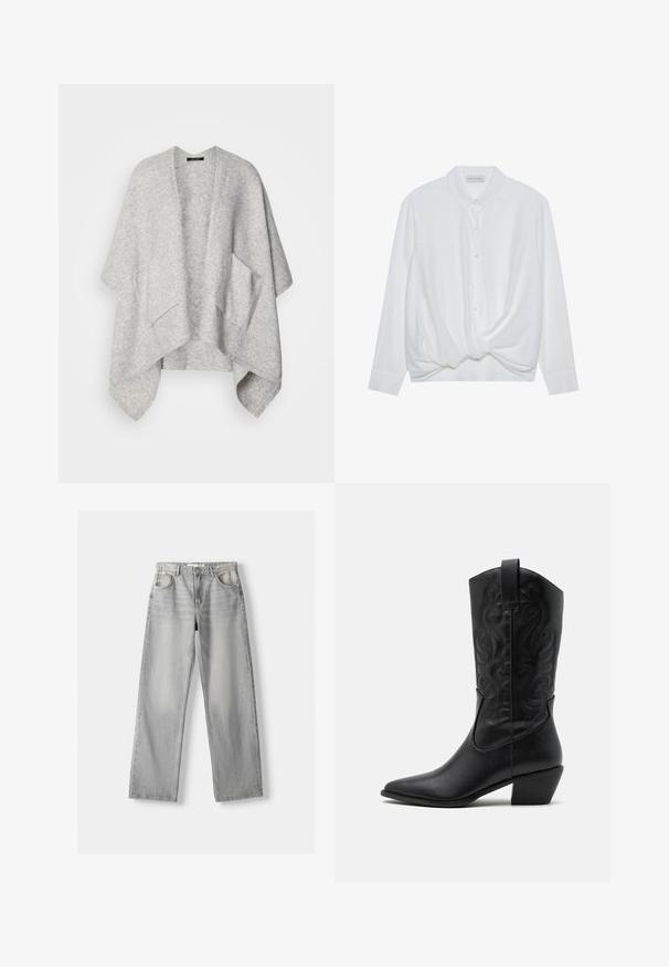 Hellgraue offene Strickjacke aus weichem Stoff. Verfügt über weite Ärmel und zwei Fronttaschen. Glatte Textur mit lässiger Passform.; Weißes Langarmhemd mit Kragen, Knopfleiste und verdrehtem Knoten-detail am Saum. Glattes Material mit lässiger Passform.; Helle graue Jeans aus Denim mit geradem Bein, ausgestattet mit zwei vorderen Taschen, einem Knopfverschluss und subtilen Abnutzungen für Struktur.; Schwarze Leder-Cowboy-Stiefel mit spitzem Zeh, geprägten, wirbelnden Mustern und einem mittelhohen Absatz. Mit einem Zuglasche für einfaches An- und Ausziehen.