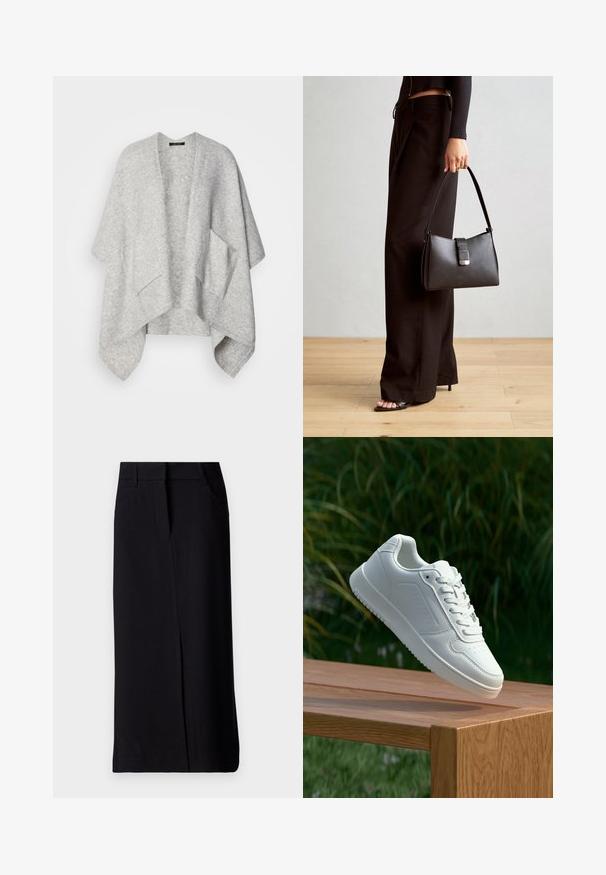 Svijetlosiva otvorena veste izrađena od mekog materijala. Ima široke rukave i dvije prednje džepove. Glatka tekstura s opuštenim krojem.; Crna majica s čvrstim tijelom i prozirnim, širijim rukavima. Ima vezanje na manžetama. Izrađena je od glatkog materijala s krojem koji naglašava tijelo.; Crna duga suknja od tkanine s glatkom teksturom. Ima prednji prorez i dva bočna džepa. Klasični dizajn s uskim strukom.; Bijela tenisica sa glatkim sintetičkim gornjim dijelom, perforiranim prednjim dijelom, ravnim vezicama i teksturiranom potplatom, prikazana na drvenoj površini.; Crna torba s oblikom koji sadrži strukturu, glađu teksturu i metalnu kopču. Uparena s širokim crnim hlačama i sandalama na otvorenom s drvenog poda.; Srebrne naušnice u obliku obruča sa glatkom, sjajnom površinom, zakrivljenog oblika i zatvaranjem na čep. Minimalistički dizajn s modernim završetkom.