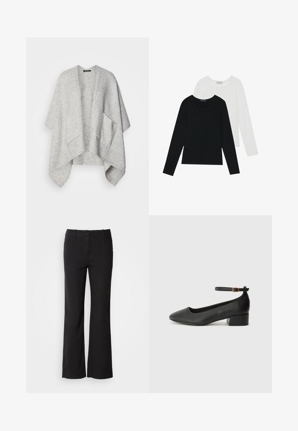 Light gray open-front cardigan made of soft fabric. Features wide sleeves and two front pockets. Smooth texture with a relaxed fit.; Two long-sleeve tops, one black and one white, both featuring a square neckline and made from soft, stretchy fabric.; Black cotton blend trousers with a straight-leg design, front button closure, and two side pockets. Smooth texture, no visible patterns.; Black leather pump with a pointed toe and a low block heel. Features an ankle strap with a gold-tone buckle. Smooth texture.