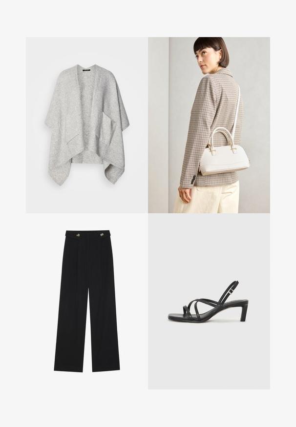 Light gray open-front cardigan made of soft fabric. Features wide sleeves and two front pockets. Smooth texture with a relaxed fit.; Black t-shirt with ribbed texture, round neckline featuring white scalloped trim, and short sleeves with matching scalloped accents.; Black wide-leg trousers with high waist, button details on waistband, and front pleats.; Black strappy sandal with a square toe and a low block heel. Features multiple thin straps and an adjustable ankle strap. Made of smooth leather.; White structured handbag with short handles and a shoulder strap, featuring gold hardware accents and textured material, displayed against a grey background.