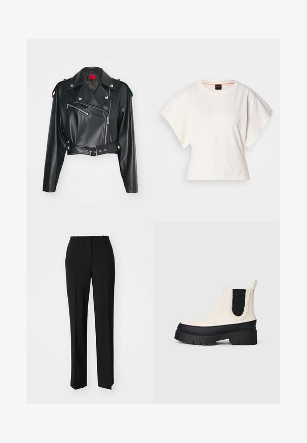 HUGO ARIDERA - Jakna iz umetnega usnja - black; Bela skrajšana majica s kratkimi širokimi rokavi, mehka bombažna tkanina, okrogla ovratnica z diskretnim oranžnim robom, minimalističen dizajn, brez vzorcev ali grafike.; Črne krojene hlače s direktnim krojem, ki se ponašajo z gladko teksturo in ostrimi pregibi spredaj. Ni vidne kovine.; Masivne platformne gležnjarje z belo zgornjico, črnimi gumijastimi podplati in kontrastnimi črnimi elastičnimi stranskimi paneli. Umetni krzneni rob na zgornjem robu.