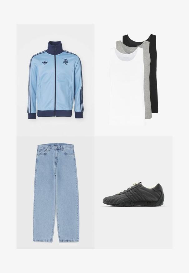 Svetle modrá běžecká bunda s námořnickými akcenty, vysokým límcem, zipovým zapínáním a třemi pruhy na každém rukávu. Na hrudi se nachází logo.; Tři tílka v bílé, šedé a černé barvě. Každé má klasický bezrukávový design, je vyrobeno z lehkého bavlněného materiálu s žebrovanou texturou.; Světle modré džíny s rovnými nohavicemi, středním pasem, pěti kapsami a zapínáním na knoflík a zip.; adidas Originals ADIRACER UNISEX - Tenisky - core black/cream white