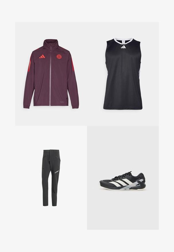 Chaqueta atlética color burdeos con cuello alto, cierre de cremallera, franjas rojas de adidas ylogo del Bayern de Múnich. Textura suave con puños elásticos.; Camiseta atlética sin mangas negra con escote en V, detalles blancos en los lados y un logo de Adidas blanco en el pecho. Tela suave y que absorbe la humedad.; Pantalones exteriores negros hechos de un material flexible. Con múltiples bolsillos con cremallera y un logo en la parte inferior de la pierna. Diseño de corte ajustado.; Zapatilla deportiva negra con franjas blancas, parte superior de malla, punta redondeada y suela acolchada. Presenta un talón texturizado y un sistema de cordones seguro.