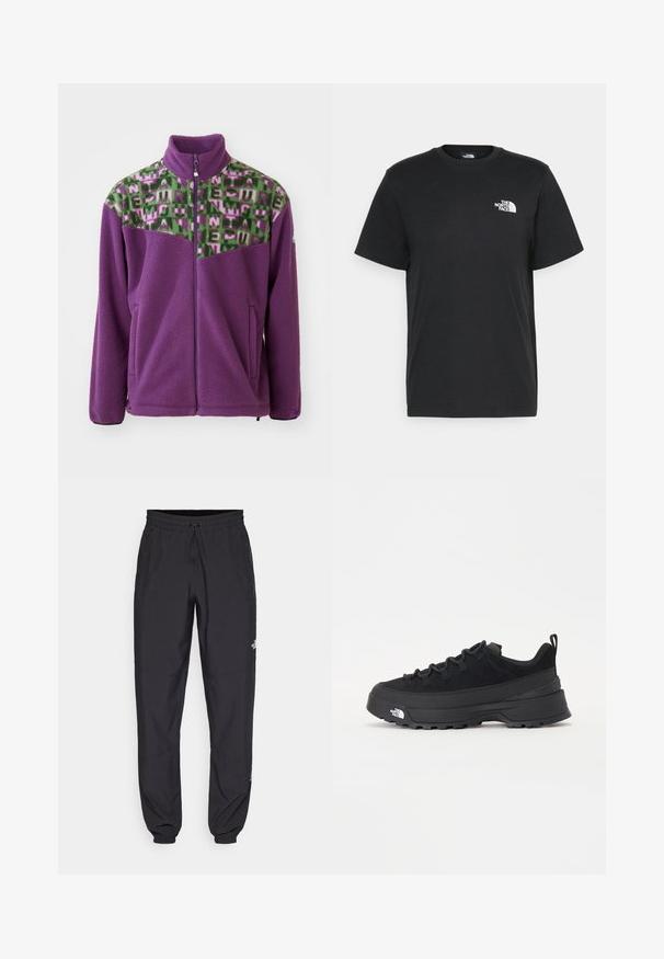 Flis jakna v vijolični barvi, ki ima yoke z zeleno in roza geometrijskim vzorcem. Vključuje visok ovratnik in zadrgo spredaj ter dva stranska žepa.; Črna bombažna majica s kratkimi rokavi, okroglim izrezom in majhnim belim logotipom na levem prsnem delu. Preprost dizajn, gladka tekstura in sproščen kroj.; Črne atletske hlače iz lahkega materiala, ki imajo elastični pas z vezalko, stranske žepe in zožene manšete na gležnjih.; Črne zunanje teniske s zgornjim delom iz usnja z nubukom, teksturiranim gumijastim podplatom in trdnim vezalnim sistemom. Imajo ojačan petni del in logotip blagovne znamke na strani.