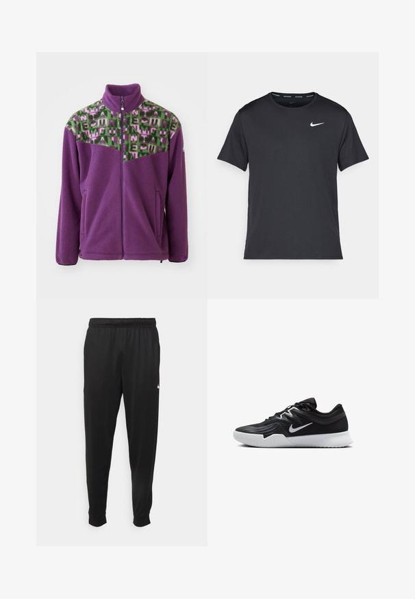 Purpurinė fliso striukė su žaliais ir rožiniais geometriniais raštais ant pečių. Su aukštu apykakle ir užtrauktuku priekyje, taip pat dviem šoninėmis kišenėmis.; Juodas Nike bėgimo marškinėlis, pagamintas iš lengvos, kvėpuojančios medžiagos, turintis trumpas rankoves ir mažą baltą logotipą ant krūtinės.; Juodi sportiniai kelnės, pagamintos iš lygaus audinio, turinčios elastinę juosmenį, siaurėjantys sijonai ir mažas baltas logotipas kairėje pusėje.; Juodos sportinės bateliai su tekstūruota viršutine dalimi, balta Nike swoosh ir balta gumine išorine dalimi. Yra su raištelių užsegimo dizainu ir dinamine forma.