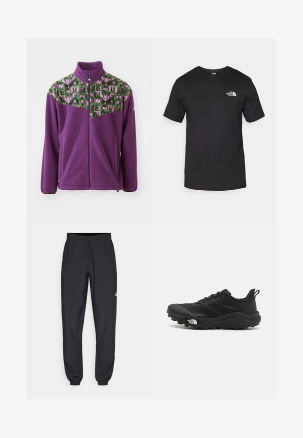 Džemper od flisa u ljubičastoj boji, sa zelenim i ružičastim geometrijskim uzorkom na prednjem dijelu. Ima visoki ovratnik i prednje zatvaranje na munju, te dva bočna džepa.; Crna majica kratkih rukava od pamuka, s okruglim izrezom i malim bijelim logotipom na gornjem lijevom dijelu prsnog koša.; Crne sportske hlače od lagane tkanine, s pojasom na vezanje, bočnim džepovima i suženim manžetama na gležnjevima.; Crne trail trkačke cipele s teksturiranim gornjim dijelom, gumeni potplat i ojačana zaštita za prste. Imaju podstavljen ovratnik i trakicu za lakše obuvanje.