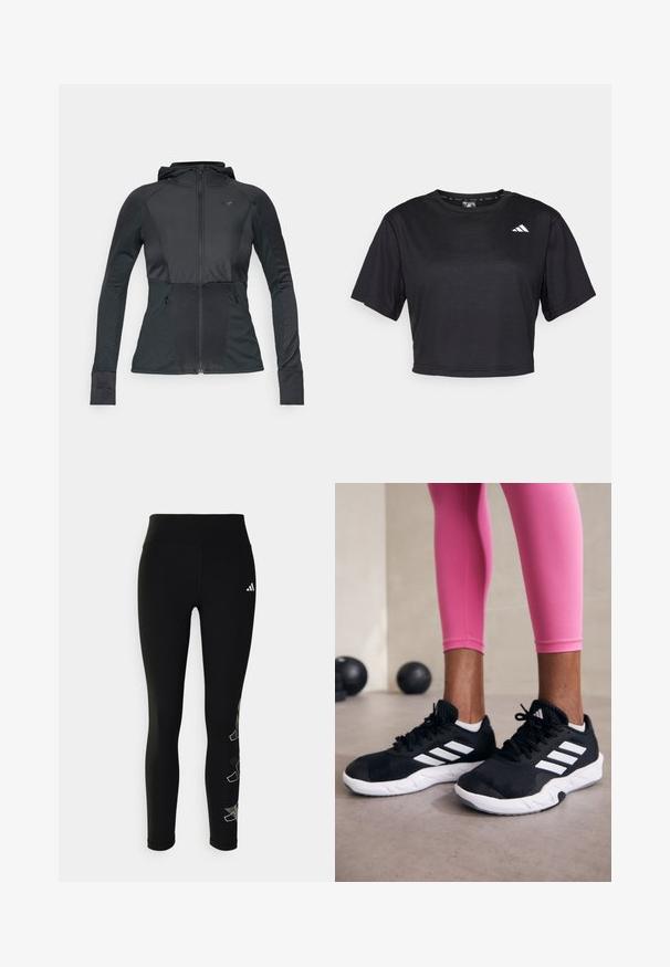 Sort atletisk jakke med lynlås foran, hætte, teksturerede paneler og to sidelommer. Har en tætsiddende design og kontrastbroderi.; Sort cropped t-shirt lavet af glat stof. Har korte ærmer, rund hals og et lille hvidt logo foran til venstre.; Sorte leggings lavet af strækbart materiale, med høj talje og et reflekterende logo på hoften, samt et geometrisk accentdesign på benet.; Sorte sportssko med hvide striber, tekstureret mesh-overdel og en hvid sål. Bæres med pink leggings, der fremhæver træningstøj.