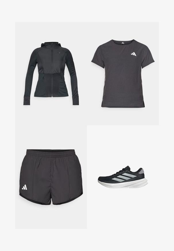 Schwarze Sportjacke mit Reißverschluss vorne, Kapuze, strukturierten Einsätzen und zwei Eingrifftaschen. Verfügt über eine taillierte Passform und Kontrastnähte.; Kurze Ärmel Sport-T-Shirt, dunkelgrau mit durchbrochener Textur. Enthält ein weißes Logo und kontrastierende Seitenstreifen. Runder Ausschnitt.; Schwarze Sportshorts aus leichtem Material, mit einem elastischen Bund und einem weißen Adidas-Logo auf der unteren linken Seite.; Schwarzer Laufschuh mit Mesh-Obermaterial, drei silbernen Streifen, weißer Zwischensohle und strukturiertem Außensohle. Verfügt über einen gepolsterten Schaft und eine Schnürung.