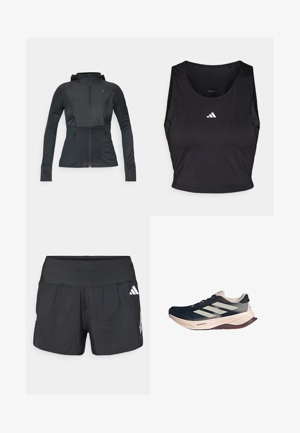 Schwarze Sportjacke mit Reißverschluss vorne, Kapuze, strukturierten Einsätzen und zwei Eingrifftaschen. Verfügt über eine taillierte Passform und Kontrastnähte.; Schwarzes Sport-Crop-Top aus feuchtigkeitsableitendem Material, mit rundem Halsausschnitt, ärmellosem Design und weißem Logo auf der Brust.; Schwarze Sportshorts mit einem breiten elastischen Bund, leichtem Stoff und weißen Logoakzenten an der unteren Seite.; Laufschuh mit einem dunkelblauen Mesh-Obermaterial, leichter beige Sohle und weißem Drei-Streifen-Design. Verfügt über eine schlanke, aerodynamische Form und strukturierte Akzente.