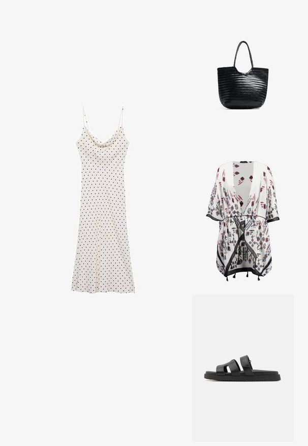 Bela kimono s cvetnimi vzorci v črni, rdeči in modri barvi, z odprtim sprednjim delom, širokimi rokavi ter črnim robom s detajli v obliki resic.; Kratka obleka brez rokavov iz mehkega, lahkega materiala; krema ozadje s črnimi pikami; drapirana vratna izreza in rahlo padajoča silhueta.; Črne usnjene sandale z dvema širokima trakovoma, odprto obliko prstov in debelim črnim gumijastim podplatom z teksturiranim, rebrastim vzorcem.; Črna tkaninska torba z okroglim vrhom, stranskimi šivi in dvema pletenima ročajema. Ima teksturiran vzorec in prostorno notranjost.