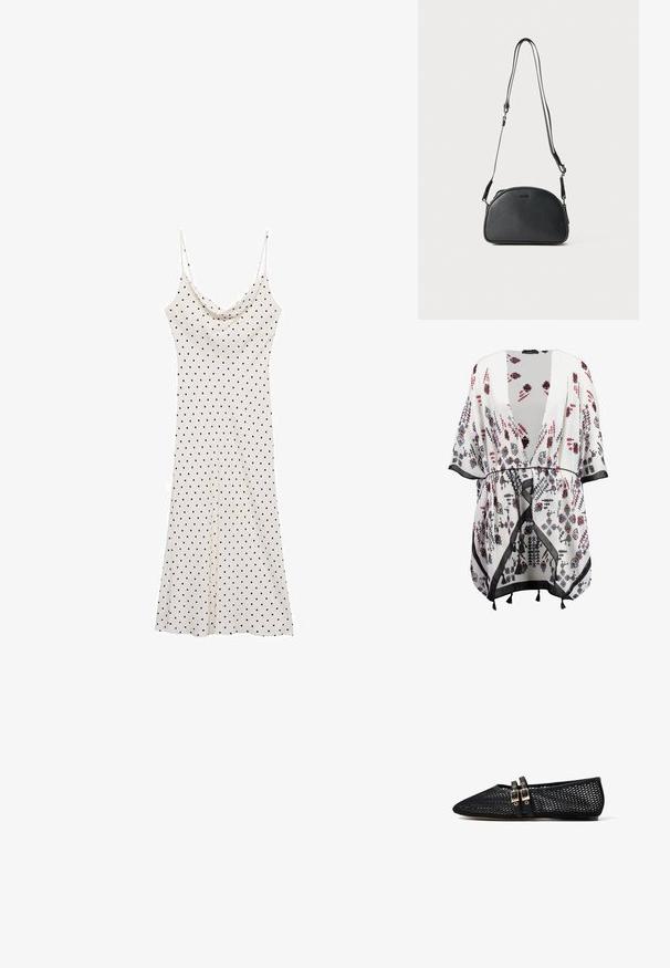 White kimono with floral patterns in black, red, and blue, featuring an open front, wide sleeves, and a black trim with tassel accents.; Sleeveless dress in soft, lightweight fabric; cream background with black polka dots; draped neckline and flowy silhouette.; Black mesh flat shoe with pointed toe and two thin double-buckle straps across the instep, shown in side profile on white background.; Black leather crossbody bag with a rounded shape, two adjustable straps, and a subtle logo on the front. Textured exterior, minimalistic design.