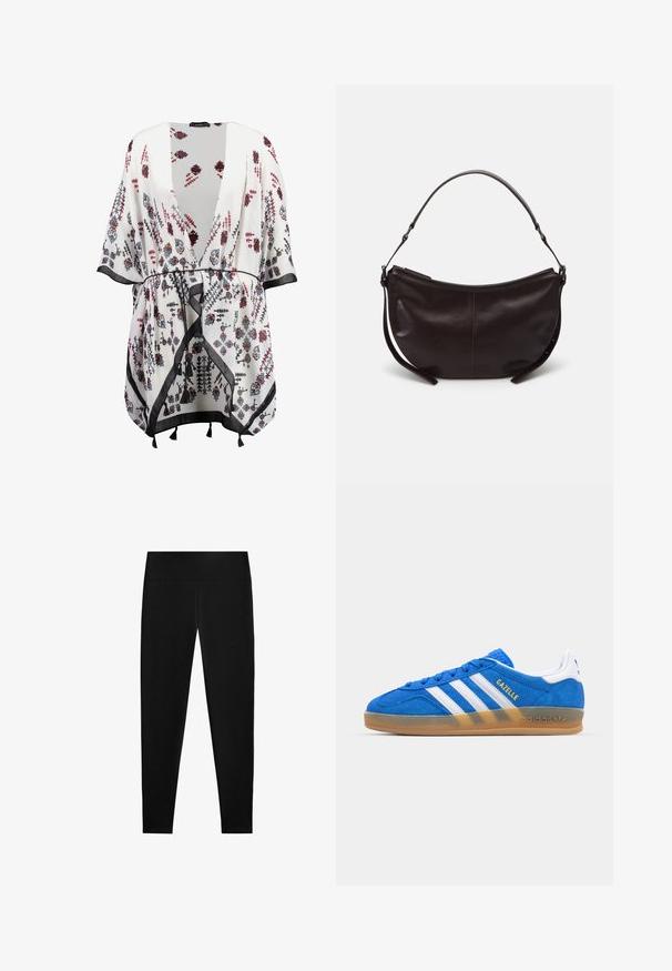 Valkoinen kimono, jossa on mustia, punaisia ja sinisiä kukkakuoseja, avoimella etuosalla, leveillä hihoilla ja mustalla reunuksella, jossa on tupsukoristeita.; Vaaleansininen ja valkoinen raidallinen paita, jossa on kaulus, napitus ja pitkät hihat. Kangas näyttää sileältä ja kevyeltä.; Mustat legginsit, jotka on valmistettu joustavasta kankaasta, joissa on korkea vyötärö ja sileä, saumatonta muotoilua, sopivat monenlaisiin aktiviteetteihin.; Sininen mokkanahka sneakeri, jossa on valkoiset raidat ja "Gazelle"-teksti. Varustettu kumipohjalla ja teksturoiduilla yksityiskohdilla päälliosassa. Klassisella muotoilulla.; Tumma ruskea nahkainen olkalaukku, jossa on kaareva muoto, sileä pinta ja yksi säädettävä hihna. Varustettu vetoketjukiinnityksellä.