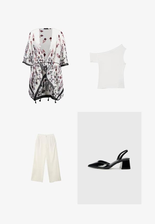 Weißes Kimono mit floralen Mustern in Schwarz, Rot und Blau, mit offener Vorderseite, weiten Ärmeln und schwarzem Saum mit Quastenakzenten.; Asymmetrisches weißes Top aus glattem Stoff, mit einem kurzen Ärmel und einem schulterfreien Design, das einen sauberen, minimalistischen Look bietet.; Helle Stoffhose mit weitem Bein und glatter Textur, ausgestattet mit einem einzelnen Knopf vorne, dezenten Falten und einem Hochbund-Design.; Schwarze Lackleder-Slingback-High Heels mit spitzem Schuh und einem geometrischen Blockabsatz. Verfügt über ein schlankes, minimalistisches Design und eine glatte Textur.