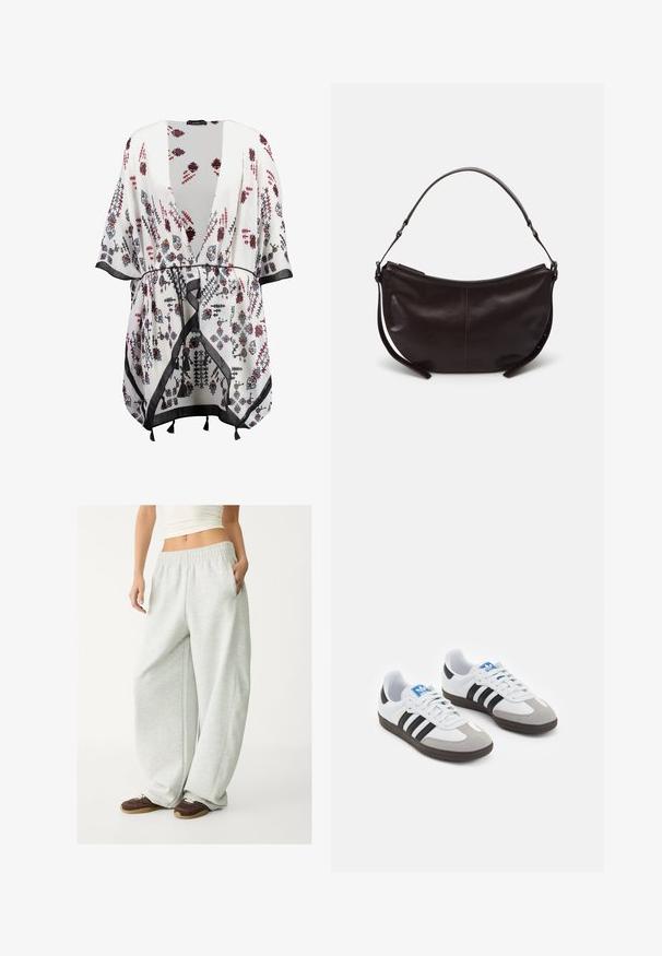 Valkoinen kimono, jossa on mustia, punaisia ja sinisiä kukkakuoseja, avoimella etuosalla, leveillä hihoilla ja mustalla reunuksella, jossa on tupsukoristeita.; Valkoinen ribattuja crop-top, jossa on korkea kaula-aukko ja hihaton muotoilu. Valmistettu pehmeästä, joustavasta kankaasta, joka takaa mukavan istuvuuden.; Vaaleat harmaat collegehousut, joissa on joustava vyötärö, sivutaskut ja löysä istuvuus. Valmistettu pehmeästä, tekstuurilla varustetusta kankaasta; sisältää hienovaraisia saumoja.; Urheilukengät, joissa on valkoinen nahkainen päällinen, harmaa mokkanokka ja kolme mustaa raitaa. Ominaisuuksina sininen logo kielekkeessä ja kuvioitu kumipohja.; Tumma ruskea nahkainen olkalaukku, jossa on kaareva muoto, sileä pinta ja yksi säädettävä hihna. Varustettu vetoketjukiinnityksellä.