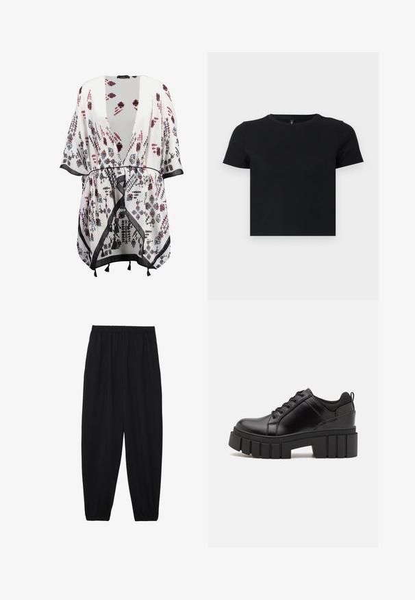 Kimono alb cu modele florale în negru, roșu și albastru, având un front deschis, mâneci largi și o bordură neagră cu accente de ciucuri.; Tricou negru cu mânecă scurtă, fabricat din bumbac moale. Dispune de un guler rotund și un design ajustat. Textură netedă, fără modele sau accente.; Pantaloni negri, ușori, cu un brâu elastic și tivuri strânse. Materialul este neted și are un design relaxat, conic.; Pantofi cu talpă plată din piele neagră, cu toc gros, vârf rotund și design tradițional cu șireturi. Prezintă o textură netedă și detalii minime.