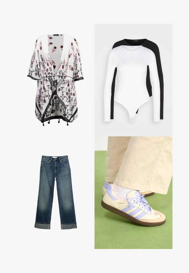 Vitt kimono med blommönster i svart, rött och blått, med öppen front, vida ärmar och svart kant med tofsdetaljer.; Svart och vit långärmad bodysuit med rund hals. Tillverkad av mjukt, elastiskt tyg, med en tanga-liknande botten och åtsittande ärmar.; Vida blå denim jeans med vida ben, en blekt finish, femficksdesign och uppvikta fållar med kontrasterande sömmar. Slät textur.; Krämfärgade och lavendelfärgade sneakers med tre ränder och en texturerad brun sula, med snören och en vadderad häl. Mjuk tygobero.
