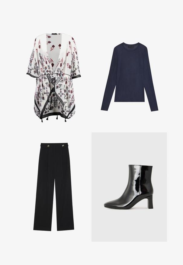 Kimono alb cu modele florale în negru, roșu și albastru, având un front deschis, mâneci largi și o bordură neagră cu accente de ciucuri.; Top de culoare bleumarin cu mânecă lungă, fabricat dintr-un material fin și ușor. Are un decolteu rotund și detalii cu cusături pe mâneci și pe laterale.; Pantaloni negri cu picioare largi, talie înaltă, detalii cu butoane pe talie și pliseuri în față.; Botine negre din piele lacuită, cu vârful ascuțit și toc bloc de înălțime medie. Textură netedă și design minimalist.