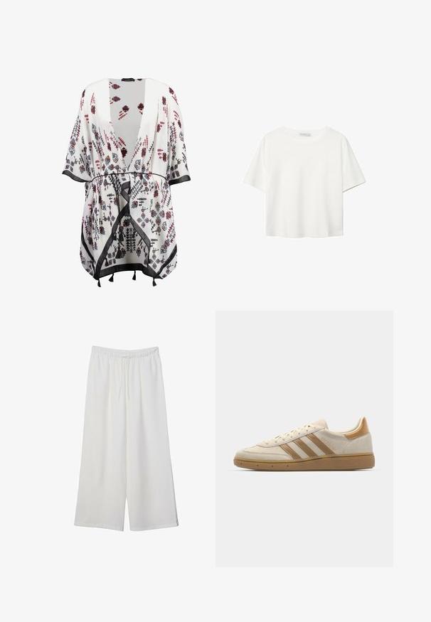 Kimono bianco con motivo floreale in nero, rosso e blu, con apertura frontale, maniche ampie e rifiniture nere con dettagli a frange.; T-shirt bianco a maniche corte realizzato in cotone. Presenta un collo tondo e una vestibilità rilassata. Texture liscia senza motivi o dettagli visibili.; Pantaloni bianchi a gamba larga realizzati in tessuto leggero, dotati di una vita elastica e di un cordino per una vestibilità regolabile. Texture liscia.; Sneaker in suede beige con accenti marroni chiari. Presenta tre strisce marroni, suola in gomma testurizzata e design a punta arrotondata.