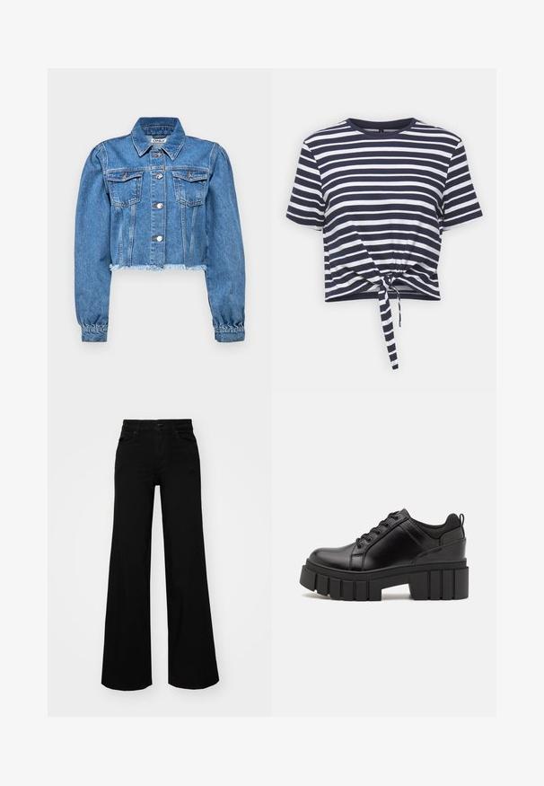 Cropped denim jacket in light blue, featuring two chest pockets, silver buttons, and cuffed sleeves with a frayed hem.; Navy and white striped cropped t-shirt with short sleeves, round neckline, and a front knot detail at the hemline. Soft cotton material.; Black wide-leg pants made of denim, featuring a structured waistband, belt loops, and front pockets. Smooth texture with a classic design.; Black leather platform shoes with a chunky block heel, round toe, and traditional lace-up design. Features smooth texture and minimal detailing.