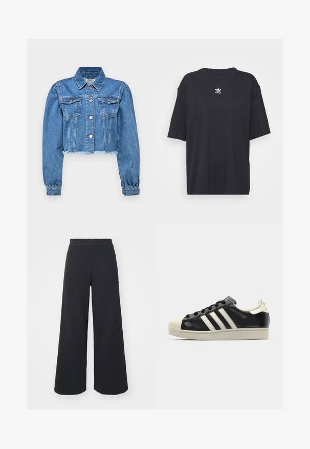 Vaatehännäisit denim-takki vaaleansinisena, jossa on kaksi rintataskua, hopeiset napit ja hihansuut käännettynä, yhdessä risatun helman kanssa.; Musta puuvillapaita lyhyillä hihoilla, pyöreä pääntie, jossa on valkoinen Adidas-logo rinnassa. Yksinkertainen muotoilu, rento istuvuus.; Mustat leveät collegehousut, jotka on valmistettu pehmeästä kankaasta. Niissä on elastinen vyötärö ja pieni logo vasemmalla puolella.; Musta nahkasneakeri, jossa on valkoiset raidat, kuminen varvassuoja, mustat nauhat ja kermaisa ulkopohja. Suora pinta ja kiiltävä viimeistely.