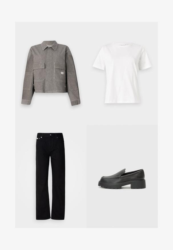 Gestreifte, kurze Jacke in Schwarz und Weiß, mit zwei vorderen Taschen, einem Kragen und langen Ärmeln aus strukturiertem Stoff.; Weißes Baumwoll-T-Shirt mit kurzen Ärmeln, Rundhalsausschnitt und lockerer Passform. Glatte Textur, keine Muster oder Akzente, minimalistisches Design.; Schwarze Denim-Hosen mit geradem Bein, fünf Taschen, silbernen Nieten und einem Knopfverschluss. Der Stoff hat eine glatte, leicht strukturierte Oberfläche.; Schwarze Lederloafer mit einer abgerundeten Spitze, dicker strukturierten Laufsohle und minimalen Nähten. Schlankes Design ohne sichtbare Schnürsenkel oder Beschläge.
