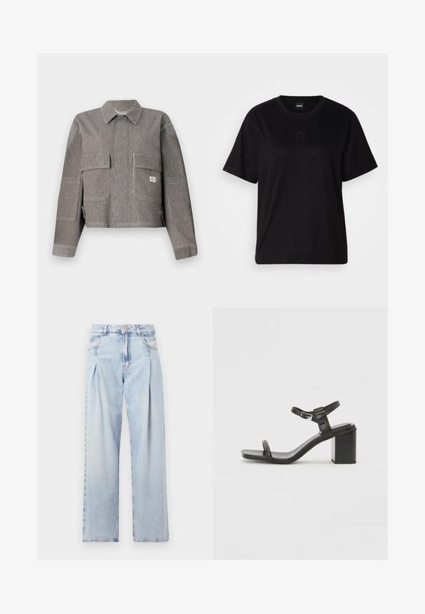 Striped cropped jacket in black and white, featuring two front pockets, a collar, and long sleeves with a textured fabric.; Black cotton t-shirt with a crew neckline, short sleeves, and an embroidered logo on the chest. Simple, relaxed fit with no patterns.; Light blue denim jeans with a high waist, wide-leg cut, two side pockets, and pleated design feature. Soft texture with a faded finish.; Black leather block-heeled sandal with a wide strap across the toe and an adjustable ankle strap, featuring a sleek, minimalist design.