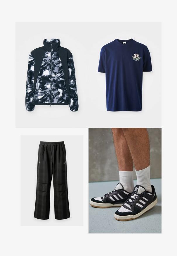 The North Face POLAR SUN JACKET - Jakna iz flisa - black liquid/black; Temno modra bombažna majica s kratkimi rokavi, okroglim ovratnikom in vezenim logotipom z lovorovimi poudarki na levi strani prsnega koša.; Črne karirane hlače z elastičnim pasom, dvema sprednjima žepoma in ohlapnim krojem s pravimi nogavicami. Narejene so iz lahke tkanine.; Črno-bele superge z zgornjim delom iz usnja in nubuka, ki imajo tri bele črte, perforiran vrh prstov in podplat iz gume.