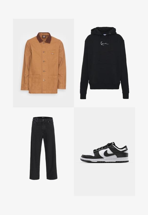 Brūns žakets ar brūna samta apkakli. Iekļauj sudraba pogas, krūšu kabatu un divas priekšējās kabatas. Izturīgs audums un vienkāršs dizains.; Melnā kapuce, kas izgatavota no mīkstas auduma, ar priekšējo kabatu, auklām un balto logotipa izšuvumu uz krūtīm. Klasisks piegriezums un ribota aproce.; Melna klasisko taisno kāju džinsu bikses ar pogu un rāvējslēdzēju, jostas cilpas, kā arī priekšējām un aizmugurējām kabatām.; Melnas un baltas Nike Dunk kedas ar ādas virsu, perforētu pirkstu daļu, melnām šņorēm un melnu gumijas zoli ar protektora dizainu.