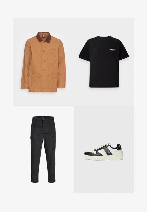 Bežna jakna z rjavim svilenim ovratnikom. Ima srebrne gumbe, žep na prsih in dva sprednja žepa. Trajna tkanina in enostaven dizajn.; Črna bombažna majica s krožno ovratnikom, kratkimi rokavi in majhnim belim logotipom na levem prsnem delu. Preprost dizajn, klasičen kroj.; Črne cargo hlače iz trdnega blaga, ki imajo več žepov, gumbasto zapiranje in ozek kroj z zožanimi nogami.; Usnjeni športni čevlji z črno in krem barvno shemo, ki vključujejo perforirane dodatke, podložen ovratnik in strukturirano podplat.