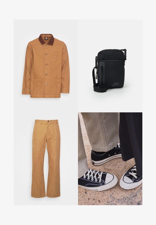 Tan jakke med krave i brunt kordfløjl. Har sølvknapper, en brystlomme og to forlommer. Holdbart stof og enkelt design.; Hvid bomulds T-shirt med rund halsudskæring, korte ærmer og et lille sort "W.W." logo på venstre bryst. Glat tekstur, almindelig pasform.; Tan cargo bukser lavet af slidstærkt materiale, med sidelommer, metalhardware detaljer, lige ben og en almindelig talje.; Sorte lærreds sneakers med hvide gummikapsler og snørebånd. Kontraststing og metaløjer tilføjer detaljer. Båret med beige bukser og sort stof.; Sort nylon crossbody taske med lynlåslommer, justerbar rem og subtilt logo-detalje på forsiden. Glat tekstur og rektangulær form.