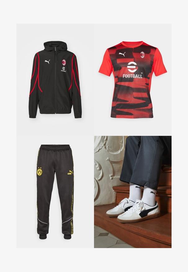 Zwarte zip-up jas met capuchon, rode accenten en zijstrepen, voorzien van een logo op de borst. Gemaakt van lichtgewicht materiaal, met elastische manchetten.; Rood en zwart kortemouw voetbalshirt met een golfpatroon, voorzien van een ronde hals, Puma-logo en clublogo op de borst.; Zwarte sportbroeken met gele logos van Borussia Dortmund BVB 09 en Puma King, een elastische tailleband en gestreepte gele zijpanelen.; Puma sneakers in wit en zwart suède, met een bruine rubberen zool. Gecombineerd met witte sokken met een zwart logo, gedragen met donkere broek.