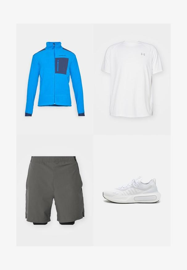 Blue fleece jacket with high collar, full zip, and a navy chest pocket. Features textured fabric and contrasting navy accents on shoulders.; White short-sleeve athletic shirt made of smooth fabric. Features a crew neck and gray logo on the left chest, with side slits at the hem.; Gray athletic shorts with a smooth, lightweight fabric and an elastic waistband, featuring inner compression shorts and side pockets.; White athletic shoe with a textured knit upper, lace-up closure, cushioned sole, and a distinctive branding detail on the side.