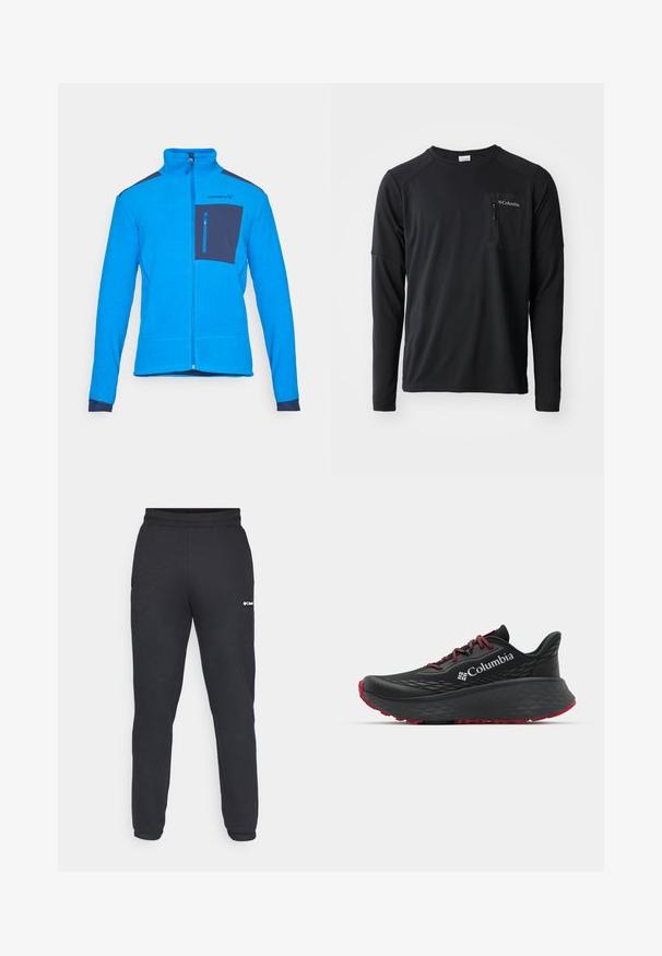 Modra flisajaka z visokim ovratnikom, polnim zadrgo in mornarsko modrim žepom na prsih. Ima teksturirano tkanino in kontrastne mornarsko modne dodatke na ramenih.; Columbia COLUMBIA TECH™ LONG SLEEVE CREW - Majica z dolgimi rokavi - black; Črne trenirke, izdelane iz mehkega materiala, z oprijetim pasom in zoženimi nogami. Majhna bela oznaka je postavljena na levi strani.; Črne atletske čevlje s teksturiranim zgornjim delom, rdečimi vezalkami in logotipom. Debel podplat s patternom za boljši oprijem. Minimalistična zasnova, stranski pogled.