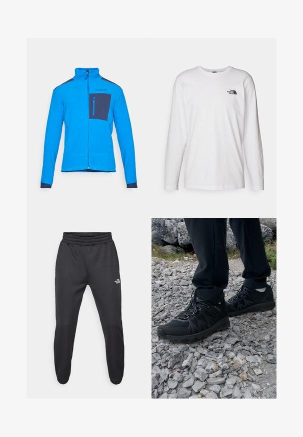 Niebieska polarowa kurtka z wysokim kołnierzem, pełnym zamkiem błyskawicznym i granatową kieszenią na piersi. Posiada teksturowany materiał oraz kontrastowe granatowe akcenty na ramionach.; Biała koszulka z długim rękawem wykonana z bawełny, z okrągłym dekoltem. Posiada małe czarne logo na piersi. Gładka faktura, regularny krój.; Czarne dresy z elastycznym paskiem w talii, zwężanym krojem, elastycznymi mankietami i małym białym logo na lewej udzie, wykonane z gładkiego materiału.; Czarne buty outdoorowe wykonane z siateczki i materiału syntetycznego, z fakturowaną cholewką, zabezpieczonym systemem sznurowania i solidną podeszwą, na skalistym terenie.