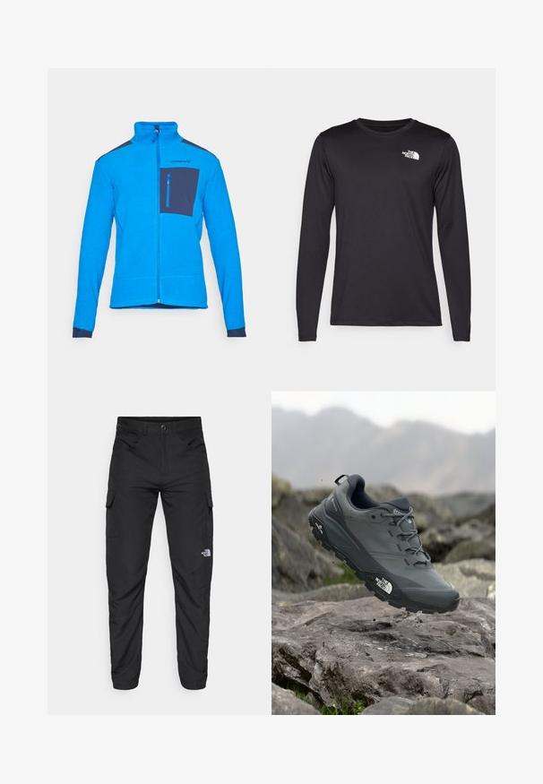 Blue fleece jacket with high collar, full zip, and a navy chest pocket. Features textured fabric and contrasting navy accents on shoulders.; Long-sleeved black performance t-shirt made of lightweight fabric, featuring a white logo on the upper left chest. Smooth texture.; The North Face HORIZON PANT - Outdoor trousers - black; Grey trail running shoe with a textured upper, durable rubber sole, and reinforced toe cap. Features laces and brand logo on the side.