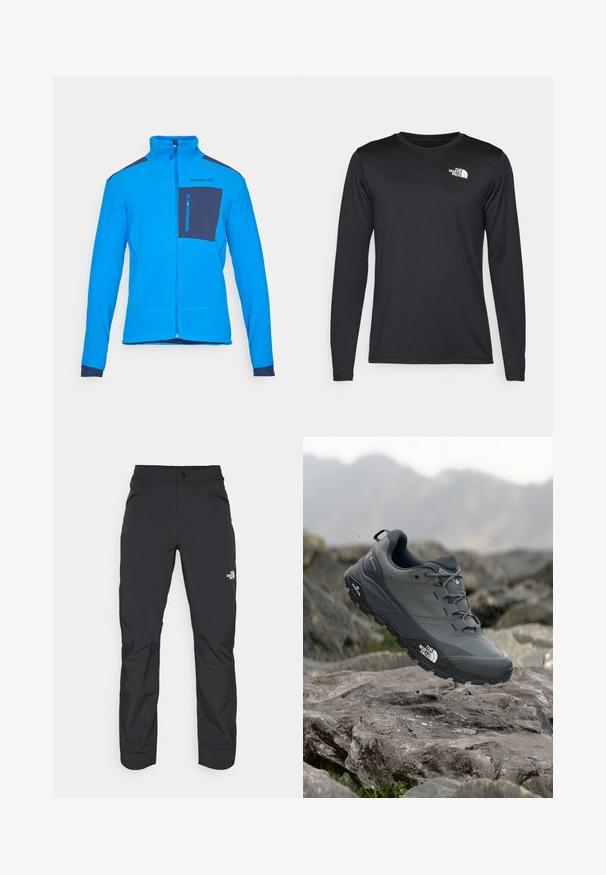 Kék polár dzseki magas gallérral, teljes cipzárral és sötétkék mellszsebbels. Texturált anyaga van, és kontrasztos sötétkék részletei a vállakon.; Hosszú ujjú fekete teljesítmény póló, könnyű anyagból készült, a bal felső mellen fehér logóval. Sima textúra.; Fekete kültéri nadrág, cipzáras elülső zsebbel, szintetikus anyagból készült, szűkített lábakkal és megerősített térdpanelekkel. Gombos záródással rendelkezik.; Szürke terepfutó cipő, texturált felsőrésszel, tartós gumitalppal és megerősített orr résszel. Fekete fűzők és márka logó a cipő oldalán.