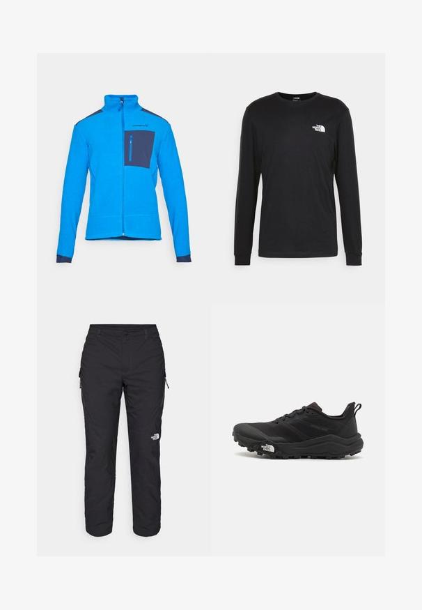 Casaco de fleece azul com gola alta, fecho zip completo e um bolso no peito em azul marinho. Apresenta um tecido texturizado e detalhes em azul marinho contrastantes nos ombros.; Camisola de manga longa preta feita de algodão, com um logo branco no lado esquerdo do peito e punhos canelados. Textura suave com decote redondo.; The North Face WINTER EXPLORATION TAPERED CARGO - Calças para exterior - black; Sapatilha de trail running preta com um upper texturizado, sola de borracha e biqueira reforçada. Possui um colarinho acolchoado e uma alça para facilitar o calçar.