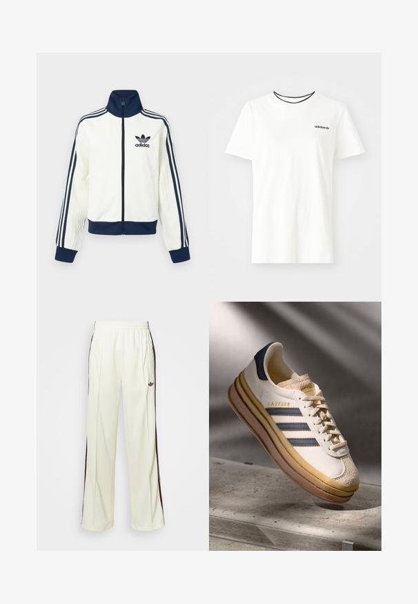 Weiße Sportjacke mit einem marineblauen Kragen und Bündchen, drei marineblaue Streifen entlang jedes Arms und einer geprägten Textur auf den Ärmeln.; Weißes Baumwoll-T-Shirt mit kurzen Ärmeln und rundem Halsausschnitt. Mit einem schwarzen Adidas-Logo auf der Brust und einem kontrastierenden schwarzen Innenkragen.; Cremfarbene Jogginghosen mit lockerer Passform, ausgestattet mit dunkelbraunen seitlichen Streifen und einem gestickten Logo auf dem linken Oberschenkel.; Adidas Gazelle Sneaker mit einem Obermaterial aus cremefarbenem Wildleder, blauen Lederakzenten, drei blauen Streifen, beiger Zwischensohle und brauner Gummisohle.