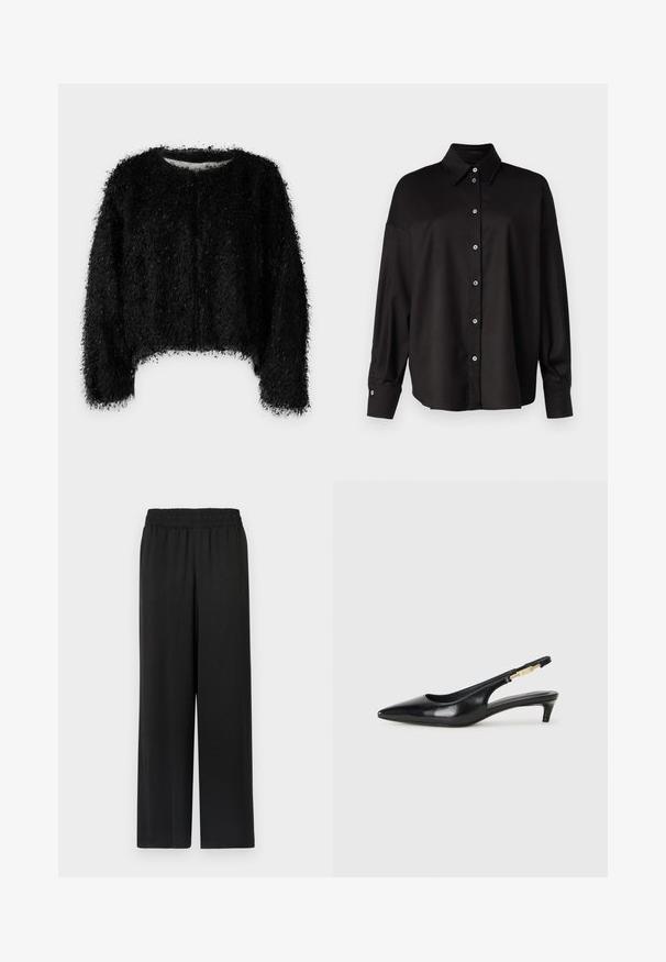 Melnā īsā džemperis, izgatavots no pūkaina, teksturēta materiāla ar apaļu kakla izgriezumu un garām piedurknēm. Iespējas brīvs griezums un mīksta apdare.; DRYKORN LYSILA - Pogājama blūze - black; Melni platleņķa bikses ar elastīgu jostasvietu, izgatavotas no gludas, vieglas auduma. Iezīmējās ar taisnu griezumu un bez redzamām rakstu detaļām.; Melnas ādas slingback zābaki ar smailu purngalu, ar šauru papēdi un zelta krāsas akcentu uz regulējama siksniņas. Gluda tekstūra.