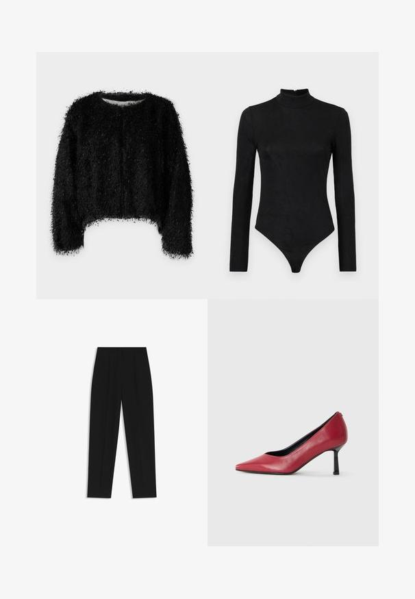 Svart kortärmad tröja i fluffigt, texturerat material med rund halsringning och långa ärmar. Har en lös passform och mjukt utförande.; Svart långärmad bodysuit med hög krage och subtil textur. Har en dragkedja bak och en tanga underdel.; Svarta byxor med rak passform, med dubbla fickor, en slät yta och en klassisk midje-design. Ingen synlig hårdvara eller detaljer.; Röd läderhögklackad pumpsko med spetsig tådesign och en tunn svart klack. Slät yta med en elegant silhuett.