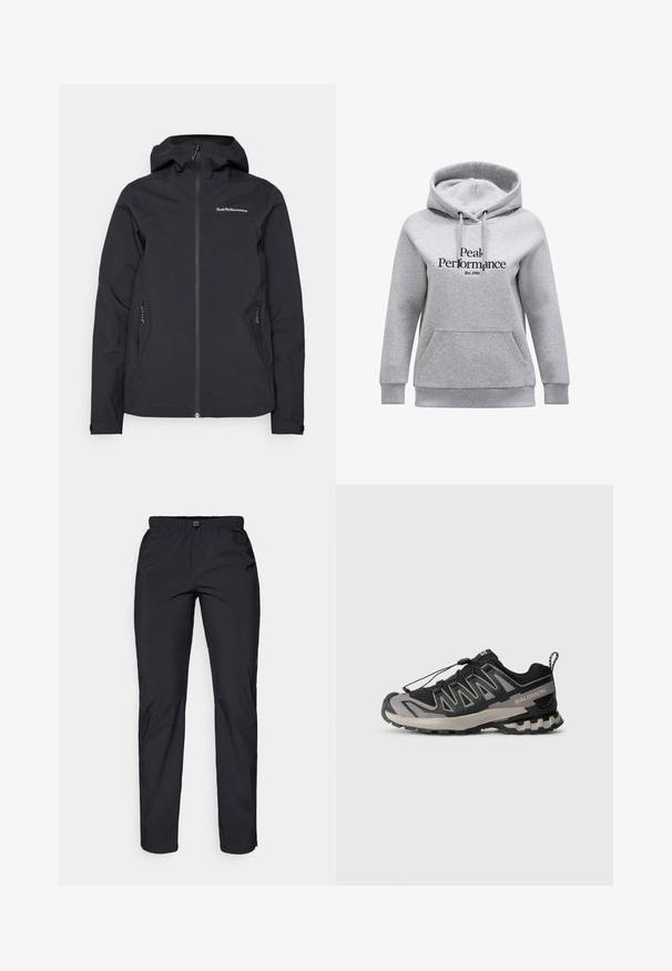 Giacca nera impermeabile con cappuccio, zip frontale, due tasche laterali e dettagli del logo sul petto. Texture liscia e design moderno.; Felpa grigia con tasca frontale, cappuccio regolabile con coulisse e polsini a coste. Presenta la scritta "Peak Performance" e "Est.1986" in testo nero sulla parte anteriore.; Pantaloni neri, leggeri e resistenti all'acqua, con vita elastica e due tasche laterali; texture liscia; design a gamba dritta.; Scarpa sportiva nera e grigia con tomaia in rete, suola in gomma e sistema di lacci elastici. Presenta una punta rinforzata e dettagli testurizzati.